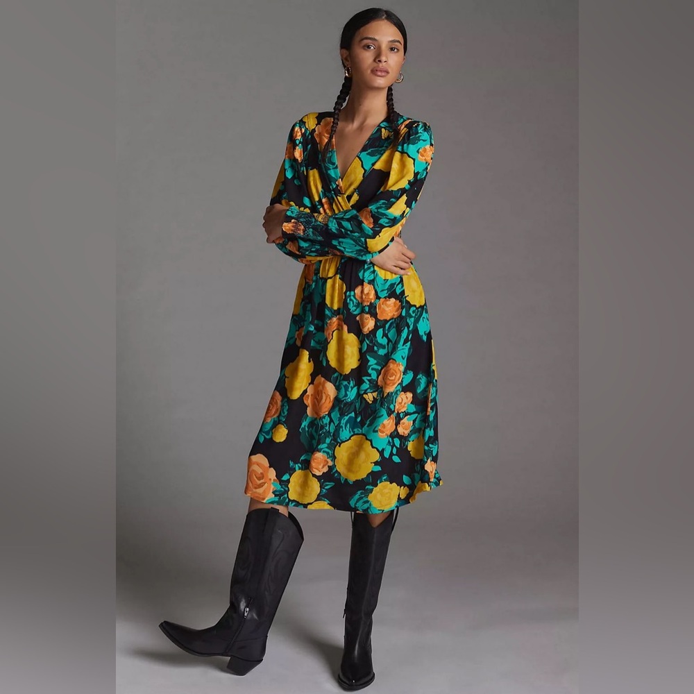 Anthropologie Floral Tie Back Midi Dress Green Long Sleeve V-Neck - Picture 2 of 9